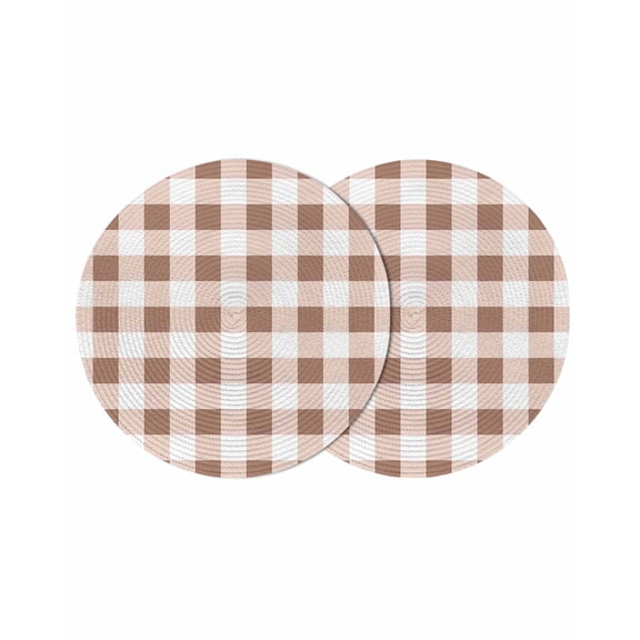 Brown Checkered Round 15 Inch Placemats Set of 2, Farmhouse Buffalo Plaid HeatResistant Non Slip Place Mats for Dining Table, Wipeable Braided Kitchen Table Mats for Housewarming