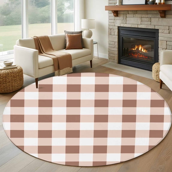 Brown Checkered Round Area Rug 5 FT, Non Slip Bedroom Rugs, Farmhouse Buffalo Plaid Washable Soft Circular Carpet Non-Shedding Floor Mat for Kitchen Dining Room Foyer Balcony Dorm