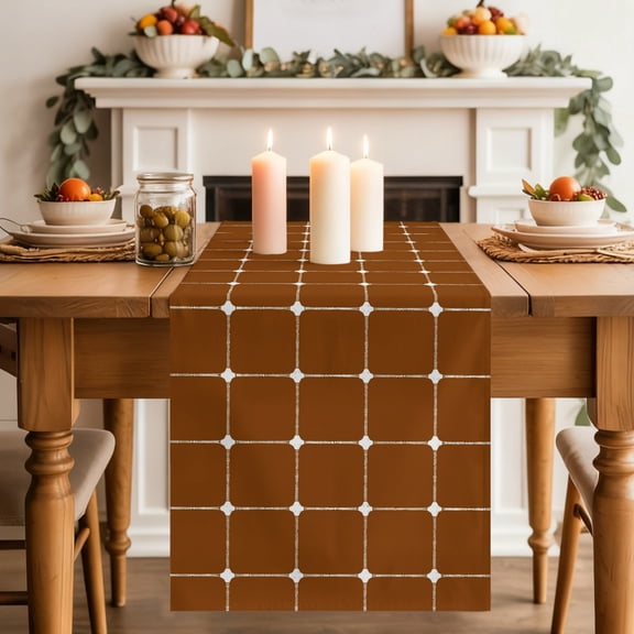 Brown Checkered Table Runner, Modern Minimalist Geometric Grid Lines Plaid Washable Cotton-linen Table Runners Dining Kitchen Decoration for Everyday Home Wedding Party Decor, 13 x 36 Inch