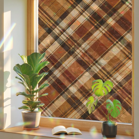 Brown Checkered Window Privacy Film, Country Vintage Farmhouse Classic Plaid Grid Stained Glass Holographic Film Decorative Window Clings, Static Cling Sun Blocking Stickers 17.7" x 39.3"