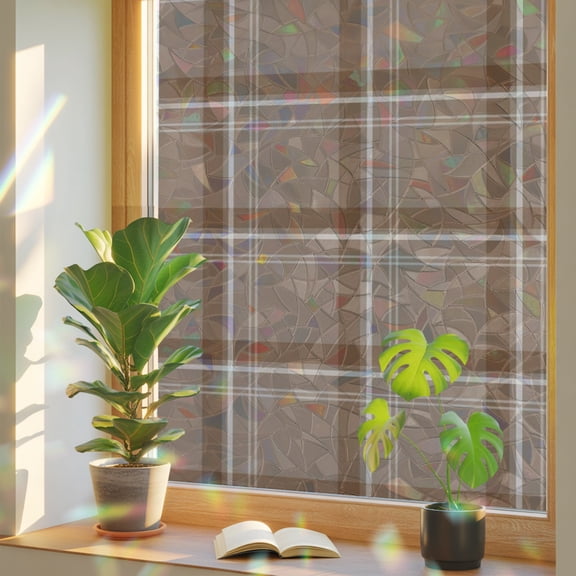 Brown Checkered Window Privacy Film Rainbow Static Cling Stain Glass Window Film for Glass Door, Decorative UV Blocking Sunroof Decal Sticker for Car 17.7"x39.3" Stripes Brown Buffalo Plaid