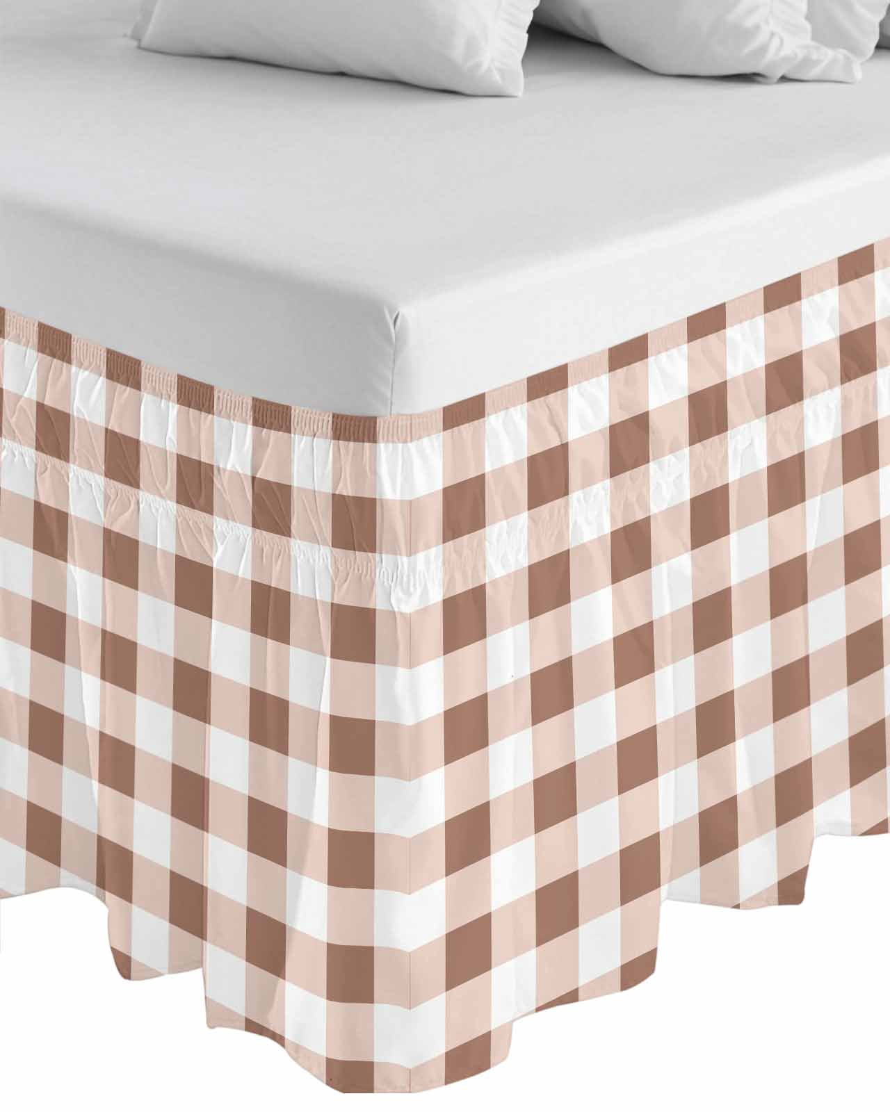 Brown Checkered Wrap Around Bed Skirts for Queen Bed 18" Drop, Bed Skirt with Adjustable Elastic Belt Dust Ruffle Bed Valance for Bedroom Hotel Luxury Farmhouse Buffalo Plaid Bed Frame Cover