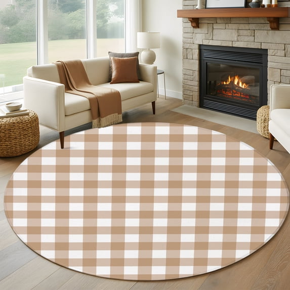 Brown Checks 6' Round Rug for Living Room Under Coffee Table, Beige ...