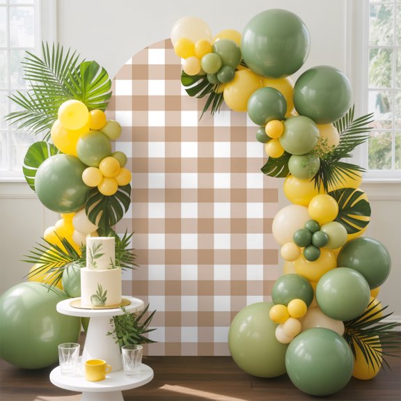 Brown Checks Arch Backdrop Cover, 4FT, Beige Rustic Gingham Plaid Abstract Modern Spandex Arch Covers Double-Sided Backdrop for Wedding Birthday Party Photo Background Decoration