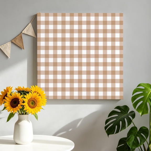Brown Checks Canvas Wall Art, Beige Rustic Gingham Plaid Abstract Modern Framed Canvas Wall Decor Picture Print Artwork Decorations for Living Room Office Ready to Hang 8" x 8"