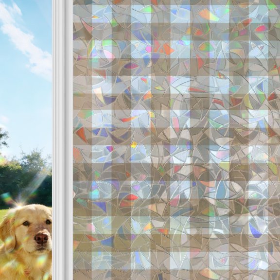 Brown Checks Rainbow Window Privacy Film, Beige Rustic Gingham Plaid Abstract Modern Stained Glass Window Film, Sun Blocking Glass Clings Static Cling Non Adhesive Door Stickers 17.7 x 39.3 Inches