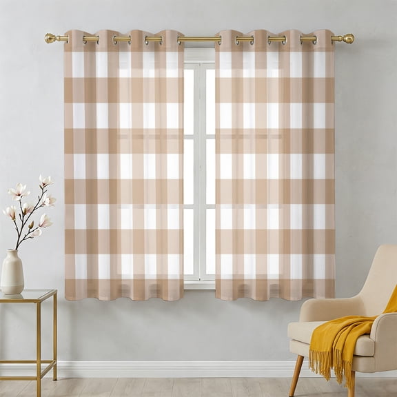 Brown Checks Sheer Curtains 45 Inch Long 2 Panels, Beige Rustic Gingham Plaid Abstract Modern Light Filtering Semi Sheer Drapes Grommet Voile Window Curtain for Living Bedroom W42 x L45