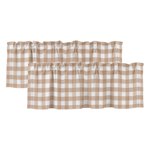 Brown Checks Valances for Window 2 Pack, Beige Rustic Gingham Plaid Abstract Modern Rod Pocket Curtains Valances Light Filtering Short Curtains for Kitchen Bedroom Bathroom 42 x 12 Inch
