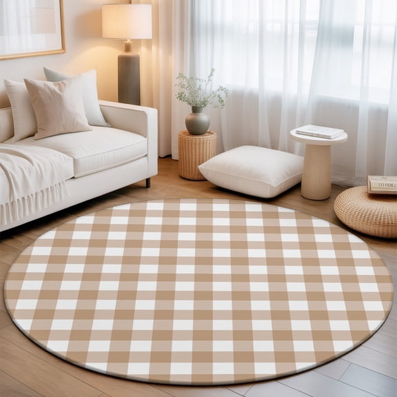 Brown Checks Washable Round Area Rug 3 ft, Beige Rustic Gingham Plaid Abstract Modern Soft Non Slip Rugs Stain Repellent Indoor Felt Carpet for Living Dining Room Bedroom Home Office