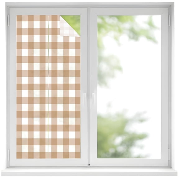 Brown Checks Window Privacy Film Beige Rustic Gingham Plaid Abstract Modern Decorative Glass Window Film UV Blocking Static Cling Non-Adhesive Sticker Covering for Home Door 17.7 x 39.3 inches