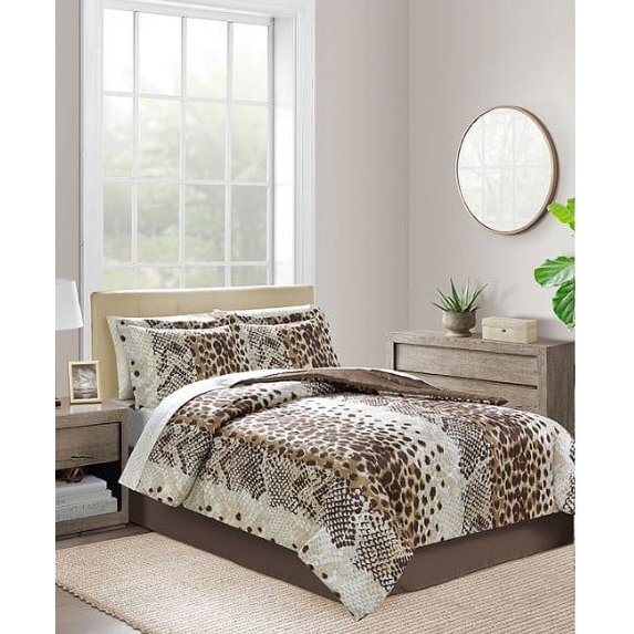 Brown Cheetah Leopard Zebra Safari Animal Prints Reversible King Comforter Set (8 Piece Bed in A Bag)