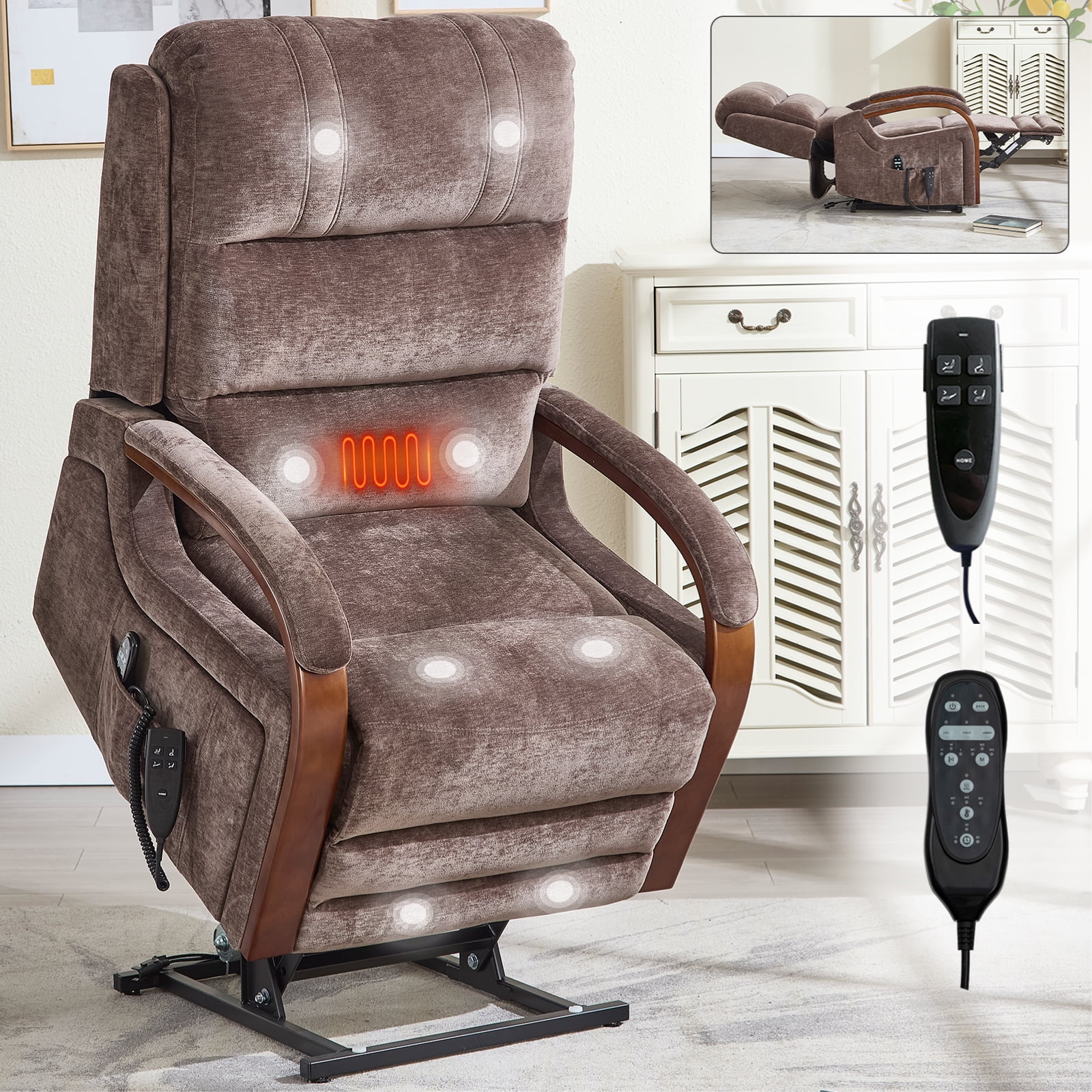 Brown Chenille Power Lift Recliner Chair with Dual Motors, Massage and ...