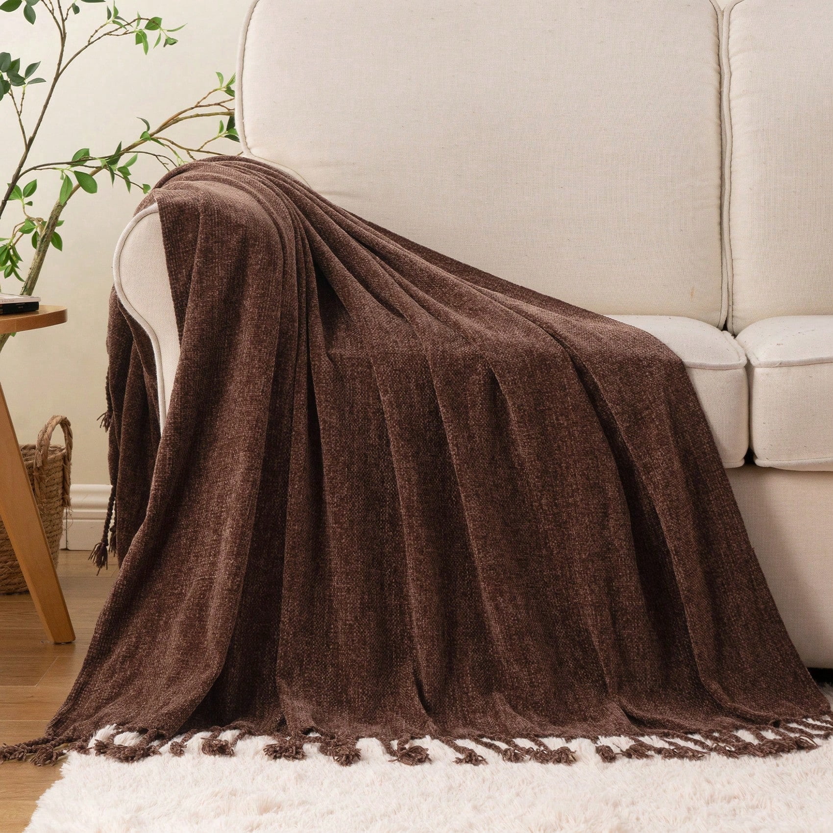 Battilo Dark Brown Chenille Throw Blanket,Chocolate Brown Knit Throws with Tassels,50"x60"