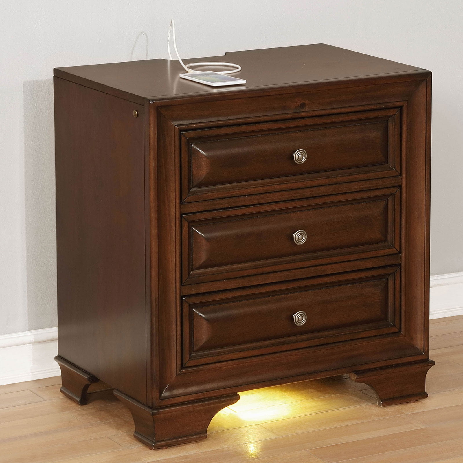 Cherry Wood 3-Drawer Nightstand with USB Ports and Nightlight