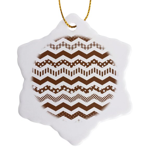 3drose, Brown Chevron Zigzag Pattern with a Twist - Cute Patterned Zig Zags, 3 inch Snowflake Porcelain Ornament
