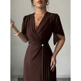 thumbnail image 1 of Brown Chiffon Wrap Dress With V-Neck, Puffed Sleeves, Cinched Waist And Pearl Button Detail, 1 of 5