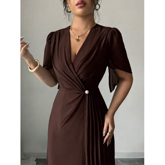 Brown Chiffon Wrap Dress With V-Neck, Puffed Sleeves, Cinched Waist And Pearl Button Detail