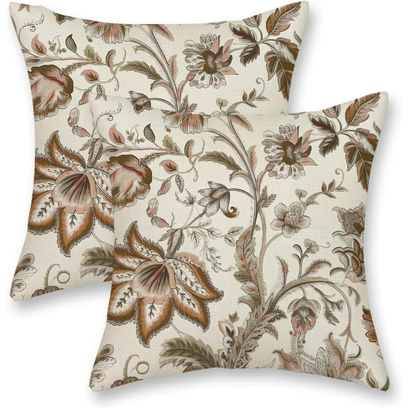 Brown Chinoiserie Pillow Covers 18x18 Inch 2 Pcs Spring Fall Floral Decor Throw Pillows Boho Vintage Flower Seasonal Outdoor Indoor Decoration Pillowcase Linen Cushion Cover for Couch Sofa