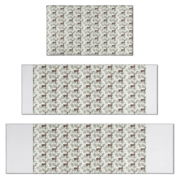 Brown Christmas Deer Pattern Kitchen Rugs Sets Of 3,Kitchen Runner Rugs Non Skid Washable,Decorative Kitchen Floor Mats for Kitchen,Sink,Laundry,17"x30"+ 17"x47" + 17"x59"
