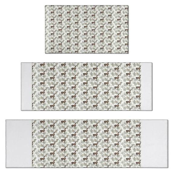 Brown Christmas Deer Pattern Kitchen Rugs Sets Of 3,Kitchen Runner Rugs Non Skid Washable,Decorative Kitchen Floor Mats for Kitchen,Sink,Laundry,17"x30"+ 17"x47" + 17"x59"