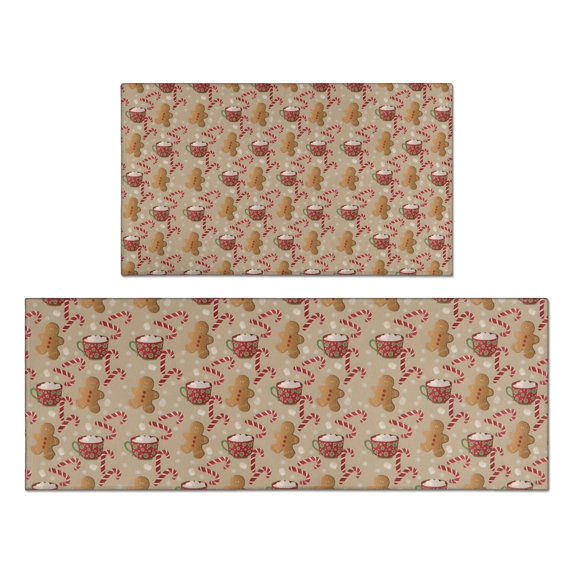 Brown Christmas Gingerbread and Drink Pattern Kitchen Rugs Sets Of 2,Anti Fatigue Kitchen Mat Rugs Non Slip Washable,Decorative Kitchen Floor Mats for Kitchen,Sink,Laundry,17"x30"+17"x47"