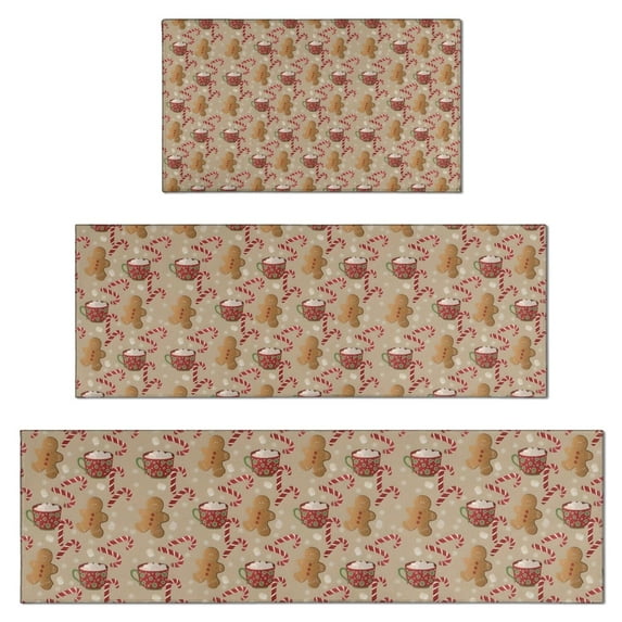 Brown Christmas Gingerbread and Drink Pattern Kitchen Rugs Sets Of 3,Kitchen Runner Rugs Non Skid Washable,Decorative Kitchen Floor Mats for Kitchen,Sink,Laundry,17"x30"+ 17"x47" + 17"x59"