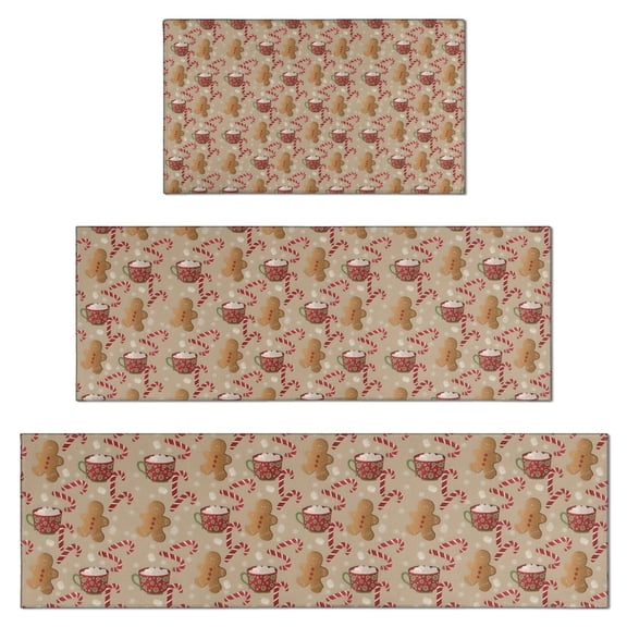 Brown Christmas Gingerbread and Drink Pattern Kitchen Rugs Sets Of 3,Kitchen Runner Rugs Non Skid Washable,Decorative Kitchen Floor Mats for Kitchen,Sink,Laundry,17"x30"+ 17"x47" + 17"x59"