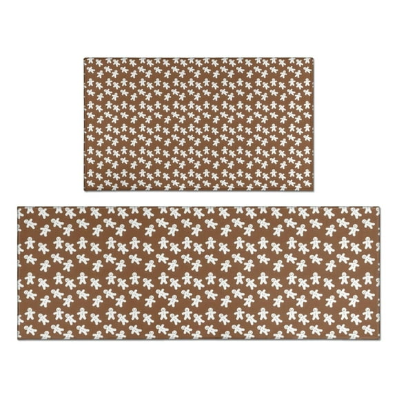 Brown Christmas Gingerbread Pattern Kitchen Rugs Sets Of 2,Anti Fatigue Kitchen Mat Rugs Non Slip Washable,Decorative Kitchen Floor Mats for Kitchen,Sink,Laundry,17"x30"+17"x47"