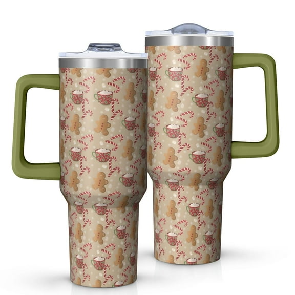 Brown Christmas Gingerbread and Drink Pattern Tumbler with Handle and Lid,40oz Double Wall Vacuum Insulated Tumbler,Cups Gift for Women and Men