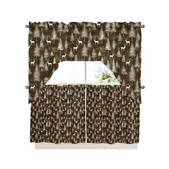 Brown Christmas Kitchen Curtain and Valance Set 3 Pieces, Rod Pocket Short Tier Curtains 24 Inch Length, Xmas Tree Elk Christmas Swag Topper Small Window Treatment for Cafe Bathroom Bedroom