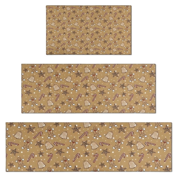 Brown Christmas Pattern Kitchen Rugs Sets Of 3,Kitchen Runner Rugs Non Skid Washable,Decorative Kitchen Floor Mats for Kitchen,Sink,Laundry,17"x30"+ 17"x47" + 17"x59"