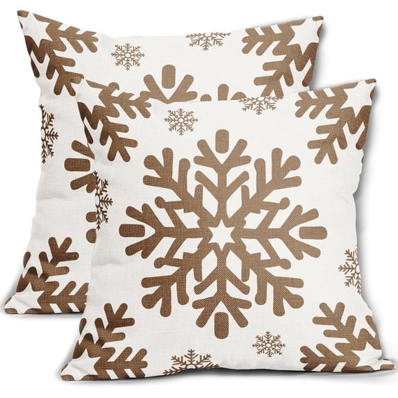 Brown Christmas Pillow Covers 16x16 Inch Set of 2 White Xmas Snowflakes Rustic Winter Themed Decorative Throw Pillow Cases Outdoor Linen Cushion Covers Seasonal Farmhouse Sofa Couch Bed Decor