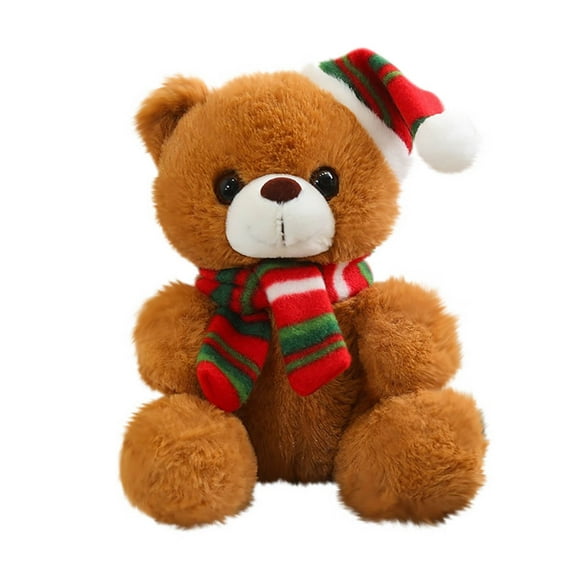 Brown Christmas Scarf Bear Plush Toy, Green White Straight Stripes, 20Cm, Vacuum Packed