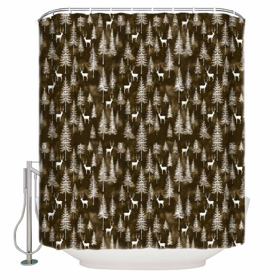 Brown Christmas Shower Curtains for Bathroom Waterproof Fabric Bath Curtains Decor Bath Tub Curtain Xmas Tree Elk Christmas Decorative Shower Curtain Sets with 12 Hooks, 72x72 Inch