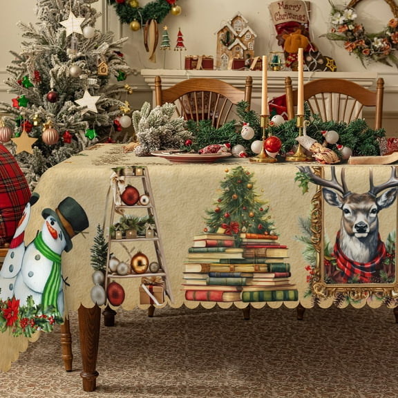 Brown Christmas Tablecloth,Snowman Table Cloth,Checkered Table Cover for Dining Kitchen Decor Party,60x84