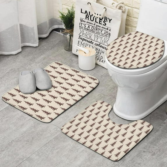 Brown Christmas Tree Pattern Bathroom Rugs Sets 3 Piece,Toilet Cover Set,Absorbent Non Slip Bathroom Mats Sets with U-Shaped Contour Rug Toilet Rug Set