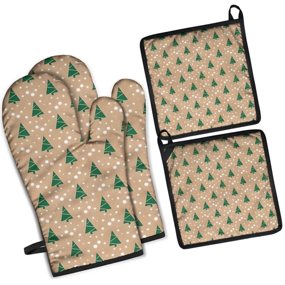 Brown Christmas Tree Pattern Kitchen Oven Mitt and Pot Holder Sets 4 Pcs for Baking, Cooking and Grilling, Heat Resistant Up To 392 °F