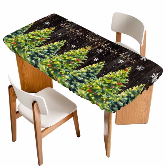 Brown Christmas Tree Table Cloths for 3 Foot Rectangle Tables, Xmas Trees Snowflake Winter Wood Patio Waterproof Elastic Fitted Tablecloths, Washable Rectangular Table Cover for Camping