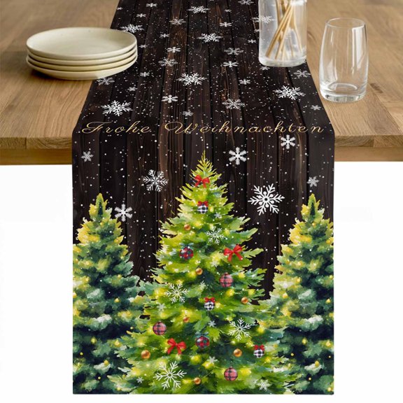 Brown Christmas Tree Table Runner 48 Inches Long Farmhouse Dress Scarves, Xmas Trees Snowflake Winter Wood Dining Tablerunner for Coffee Table/Kitchen Island/Party Décor, 13" x 48"