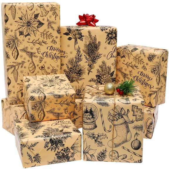 Brown Christmas Wrapping Paper for Boys Girls Kids Women Men - 3 Styles Vintage Xms Gift Wrap Paper for Birthday New Year - 6 Large Sheets, Rustic Design, 27 x 37 inch