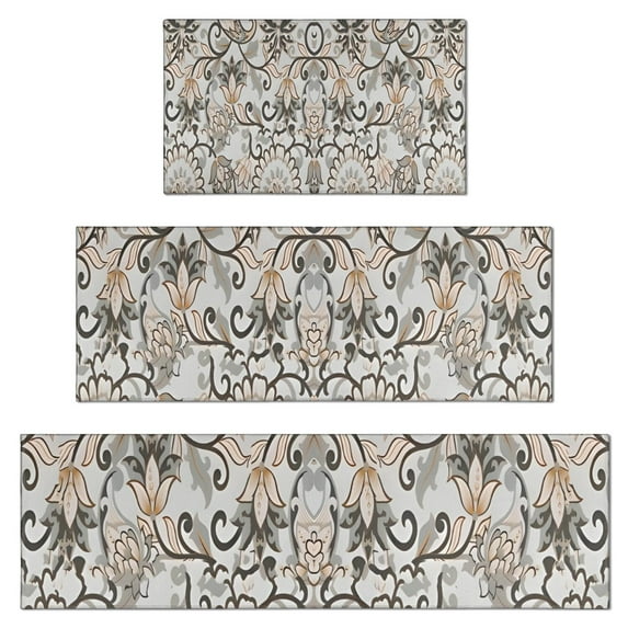 Brown Classic Floral and Scroll Pattern Kitchen Rugs Sets Of 3,Kitchen Runner Rugs Non Skid Washable,Decorative Kitchen Floor Mats for Kitchen,Sink,Laundry,17"x30"+ 17"x47" + 17"x59"