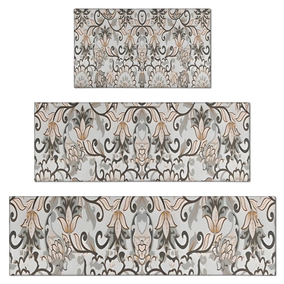 Brown Classic Floral and Scroll Pattern Kitchen Rugs Sets Of 3,Kitchen Runner Rugs Non Skid Washable,Decorative Kitchen Floor Mats for Kitchen,Sink,Laundry,17"x30"+ 17"x47" + 17"x59"