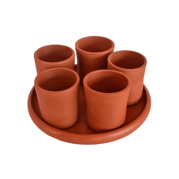 Brown Clay Drinking Glass Set - Tray & 5 Glasses | Earthen Glasses Clay Glass Set | Used For Drinking & Serving Water, Juices, Milk & Lassi