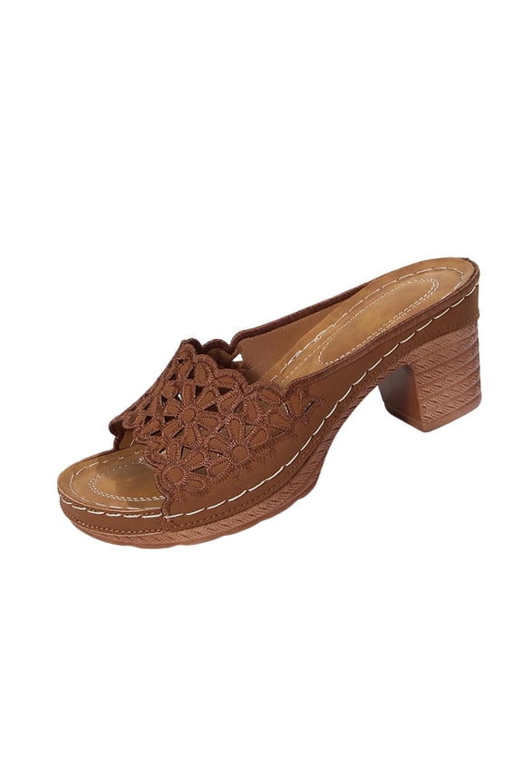 Brown Closed-Toe Heeled Slippers For Women Platform High Heels Casual Spring Summer Footwear Pu Material Brown Us Size 6 Foot Length 9.25 Inches