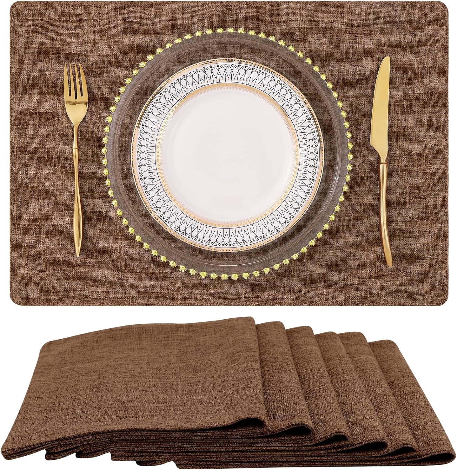 Brown Cloth Placemats Set of 6 Cotton Linen Blend Washable Farmhouse Dining Table Mats for Indoors & Outdoors, Easy to Clean, 13 x 19 Inch