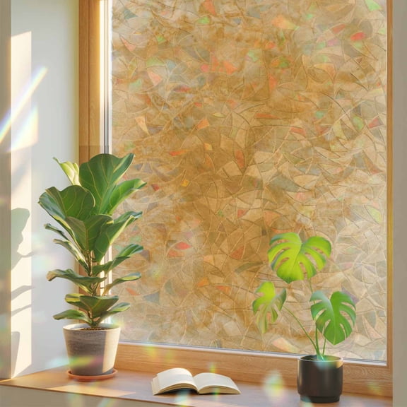 Brown Clouds Window Privacy Film, Modern Abstract Art Fantasy Smoke Fog Stained Glass Rainbow Film Decorative Window Clings, Static Cling Sun Blocking Stickers 17.7" x 39.3"
