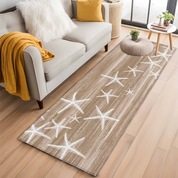 Brown Coastal 2'x6' Runner Rugs for Hallway Kitchen Bedside Non Slip Washable, Summer Ocean Waves Ombre Sea Starfish Entryway Rug Runners with Rubber Backing, Long Carpet Runner for Laundry Room