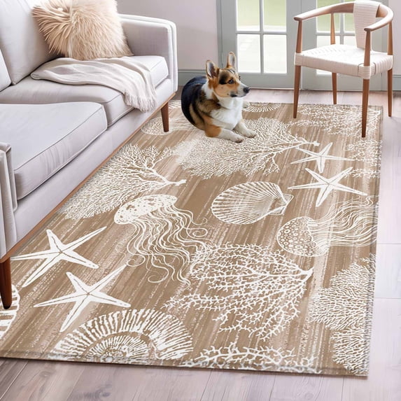 Brown Coastal Area Rugs 3'x5', Washable Small Throw Rugs for Living Room Bedroom, Nautical Starfish Coral Jellyfish Shell Sea Indoor Outdoor Rug Non-Slip Low Pile Carpet Runner Reversible Floor Mats