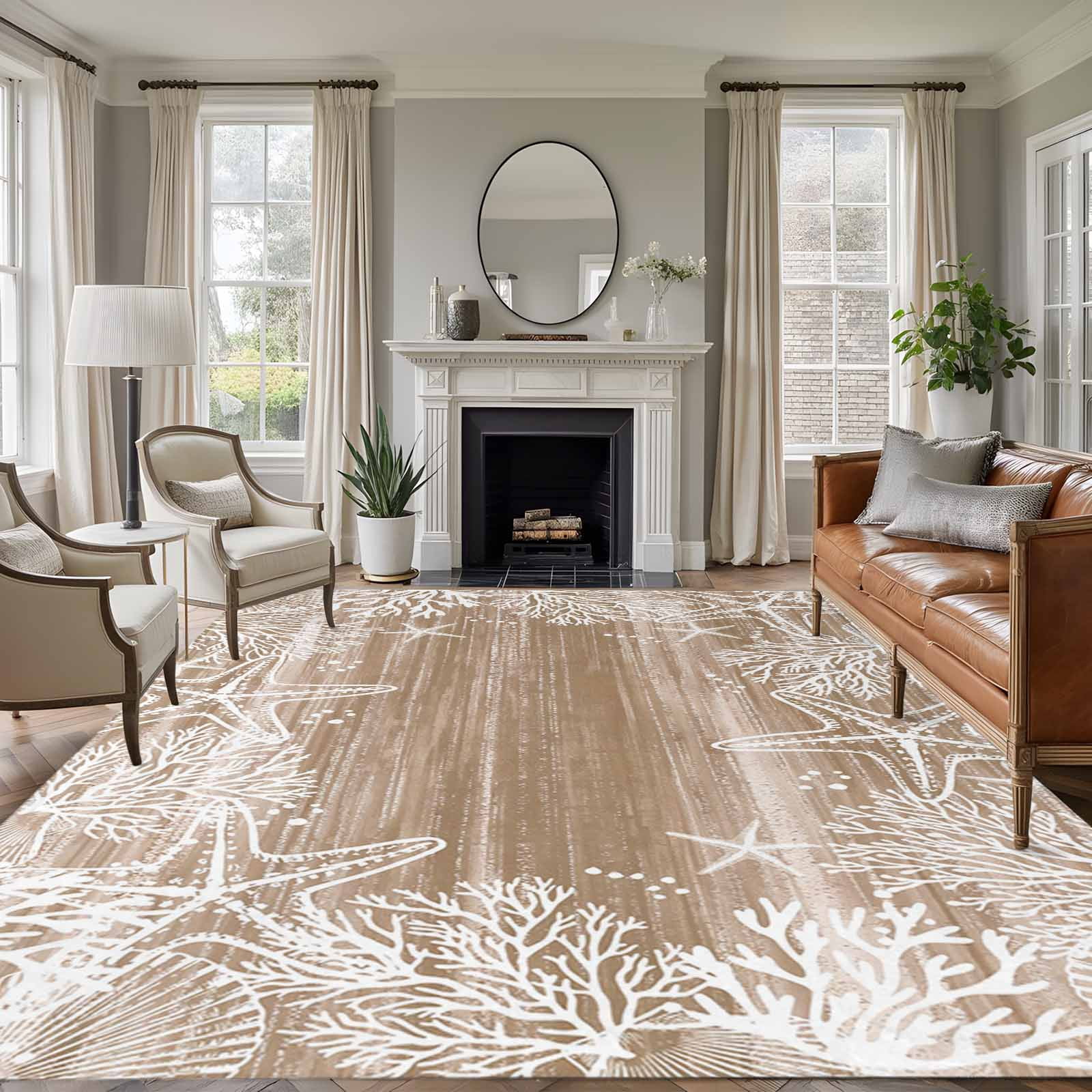 Brown Coastal Area Rugs 8'x10', Washable Small Throw Rugs for Living Room Patio, Summer Ocean Sea Ombre Starfish Corals Indoor Outdoor Rug Non-Slip Low Pile Carpet Runner Reversible Floor Mats
