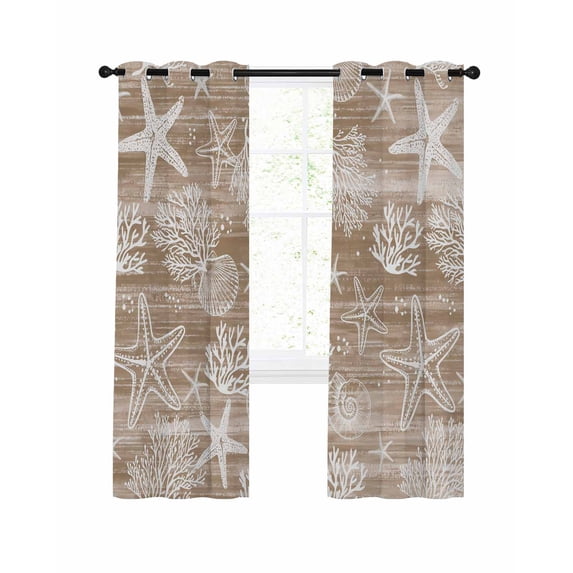 Brown Coastal Blackout Curtains for Bedroom Living Room, Nautical Starfish Coral Vintage Beach 54 In Long Thermal Insulated Room Darkening Drapes Grommet Window Treatments, 52 x 54 In